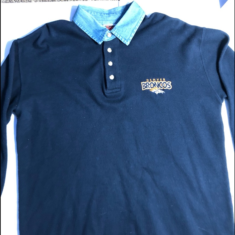 The Edge 1997 Mens Denver Broncos Navy Blue Long Sleeve Quarter Button Up Shirt
